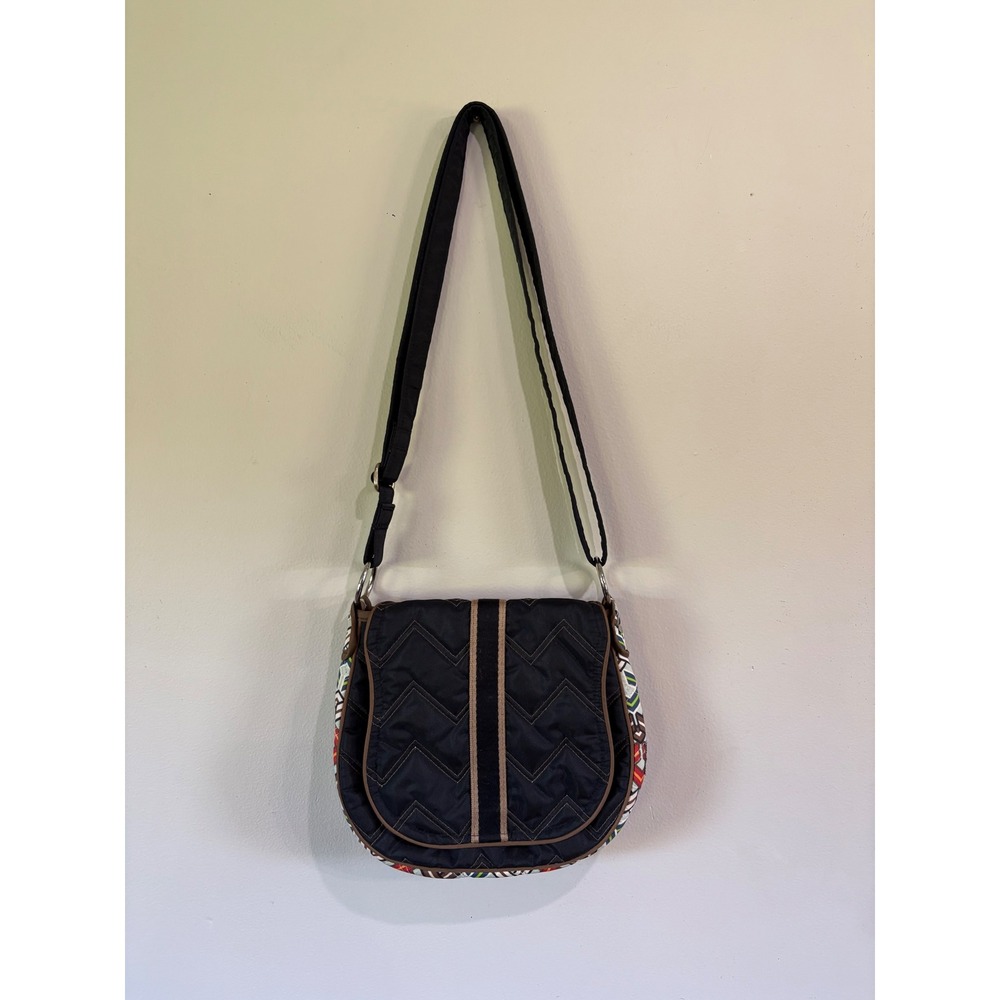 CINDA B Ravinia Black Patterned Saddlebag Shoulder Crossbody Bag Nylon Quilted - Picture 9 of 10